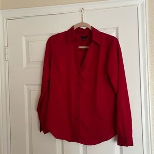 Ann Taylor Red Long-Sleeve Button-Up Blouse